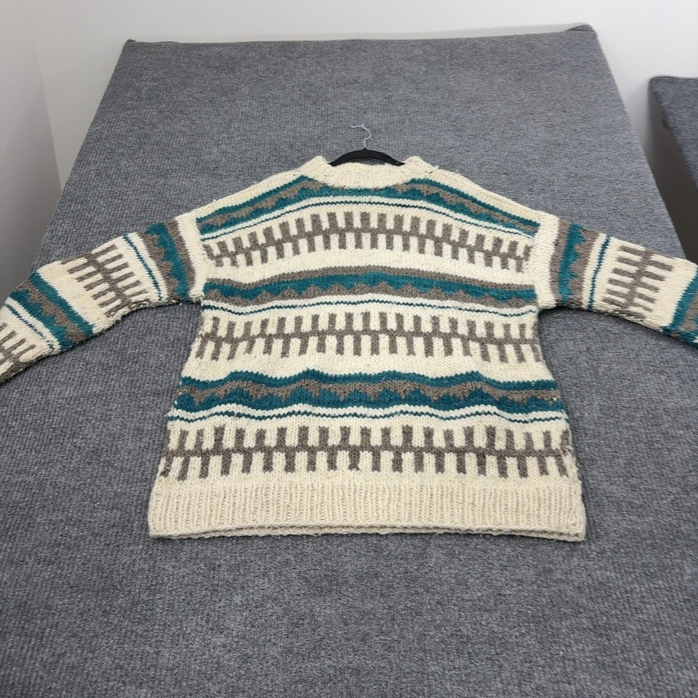 Vintage Rey Wear Sweater Men XL Cream Wool Geometric Handmade Ecuador Boho Style